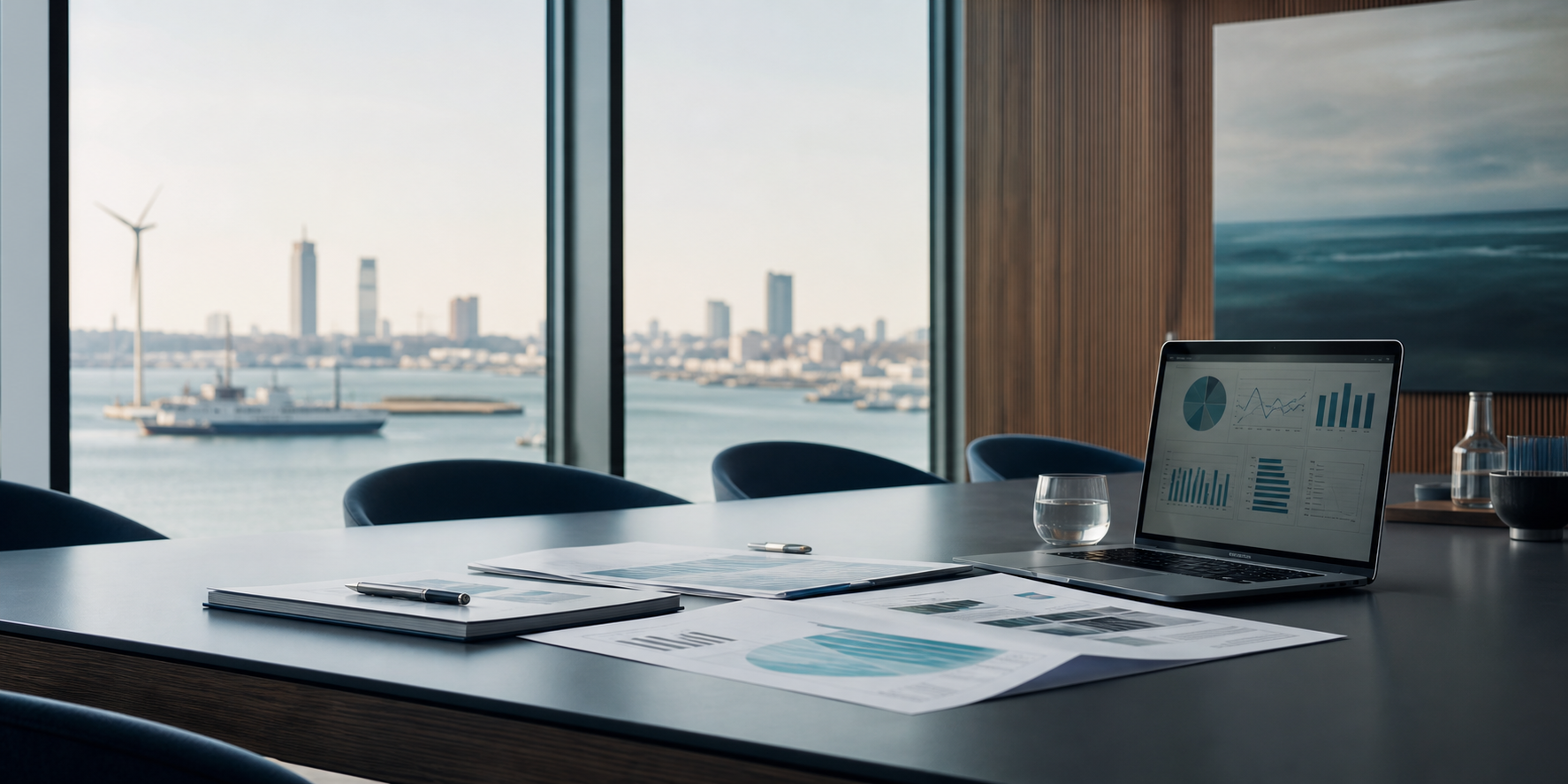 Rustige vergadertafel met strategiedocumenten en havencontext